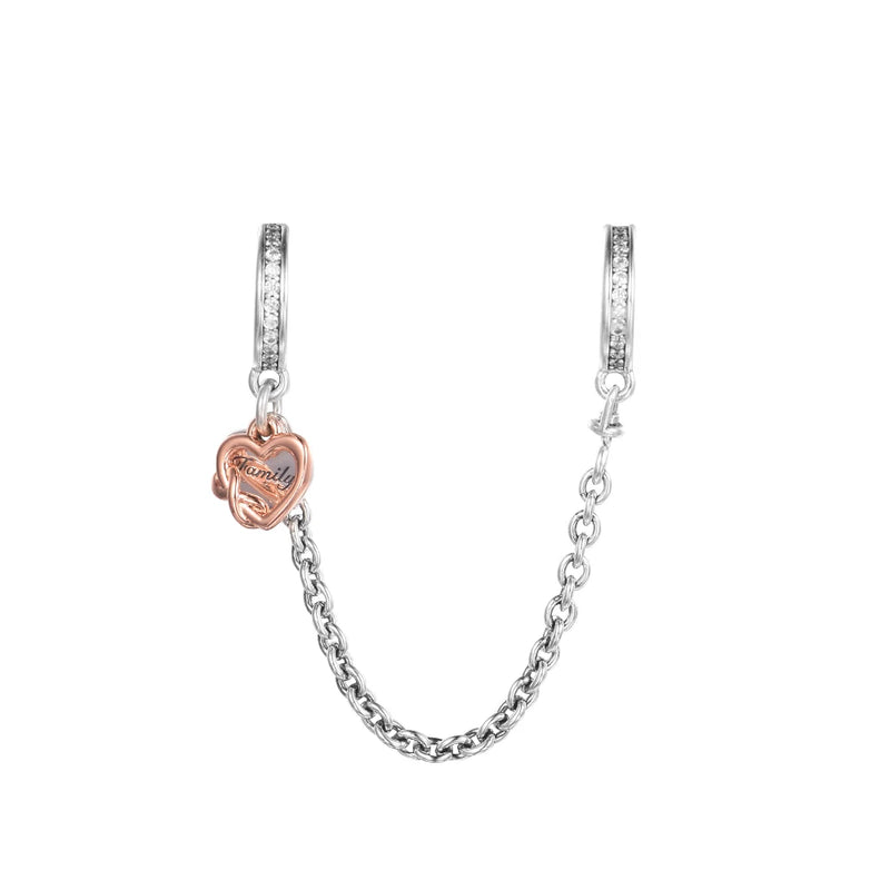 925 Sterling Silver Family Heart Safety Chain Charms Beads DIY Jewelry Making