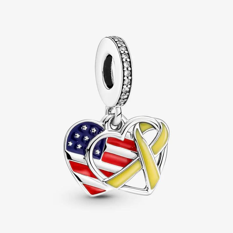 Heart, Flag & Ribbon Dangle Charms 925 Silver Beads for Jewelry Making