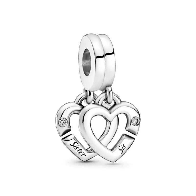 925 Silver Linked Sister Hearts Charm Beads for Jewelry Making