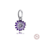925 Silver Purple Flower Dangle Charms Beads DIY Jewelry
