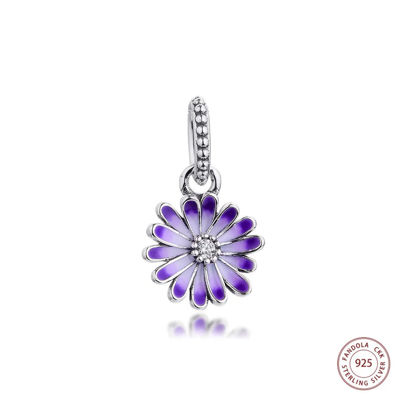 925 Silver Purple Flower Dangle Charms Beads DIY Jewelry