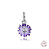 925 Silver Purple Flower Dangle Charms Beads DIY Jewelry