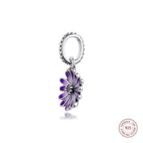 925 Silver Purple Flower Dangle Charms Beads DIY Jewelry