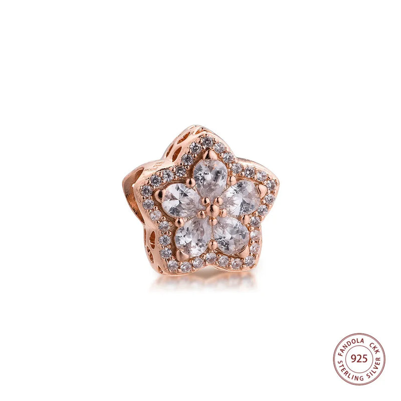 925 Sterling Silver Rose Snowflake Pave Charms for DIY Jewelry Making