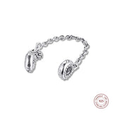 925 Silver Heart Family Tree Safety Chain Charms Clear CZ Beads