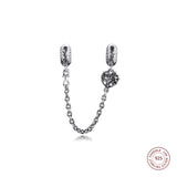 925 Silver Heart Family Tree Safety Chain Charms Clear CZ Beads