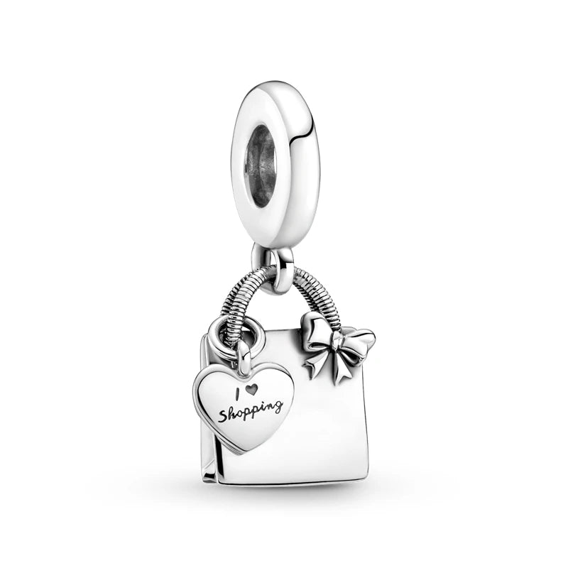 925 Sterling Silver Shopping Bag Dangle Bead for Jewelry Making Women