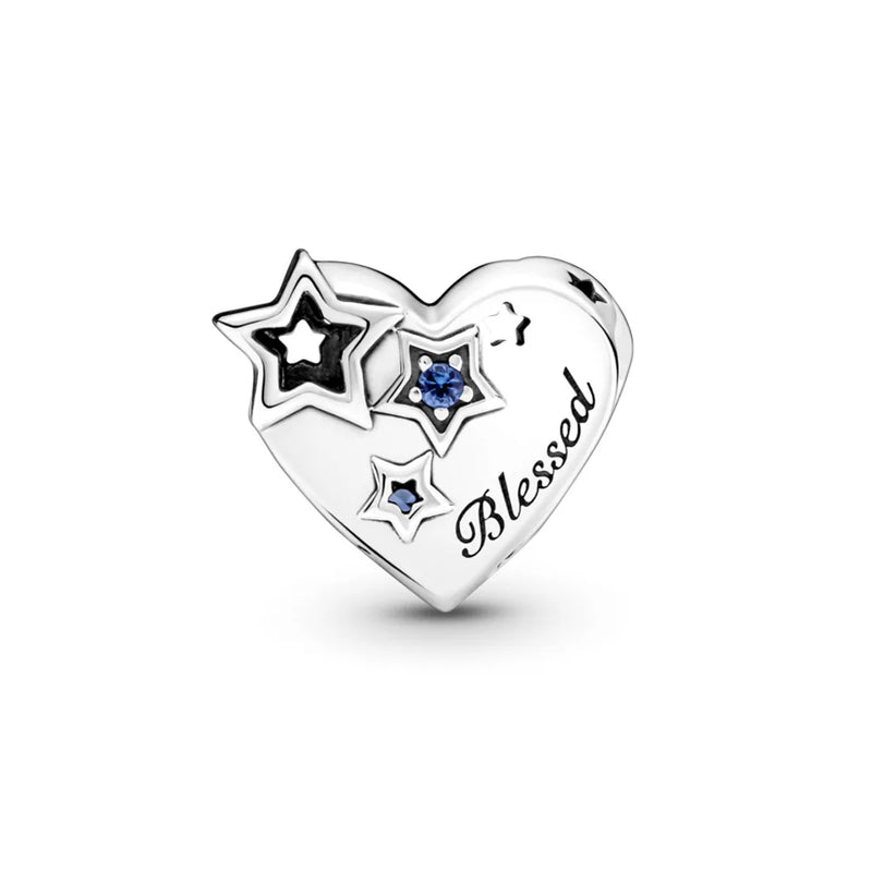 925 Sterling Silver Thankful Heart & Stars Charm Bead for Jewelry Making