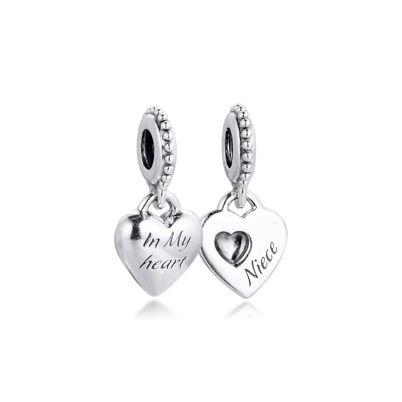 925 Silver Aunt & Niece Split Heart Charm Beads for DIY Jewelry Making