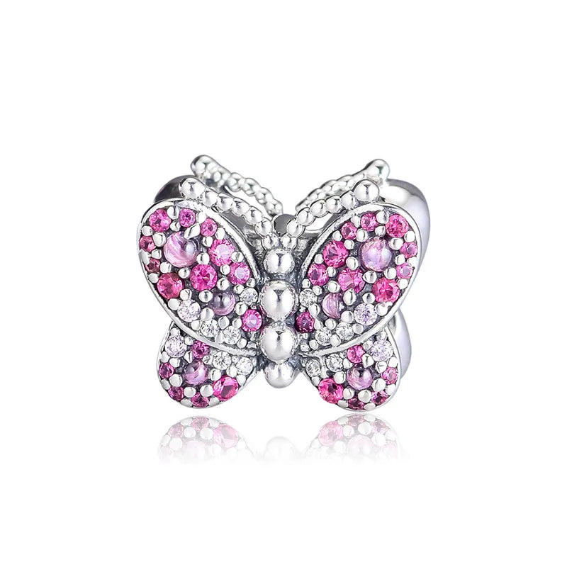 Pink Butterfly Charm 925 Sterling Silver Bangle Bead for Bracelets DIY