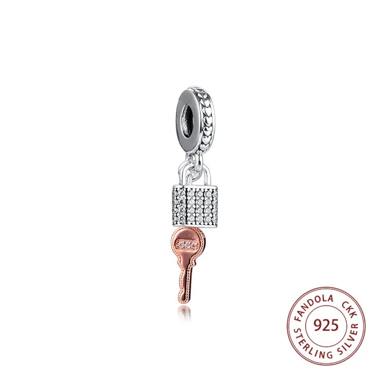 925 Sterling Silver Padlock and Key Dangle Charms Beads for Bracelet