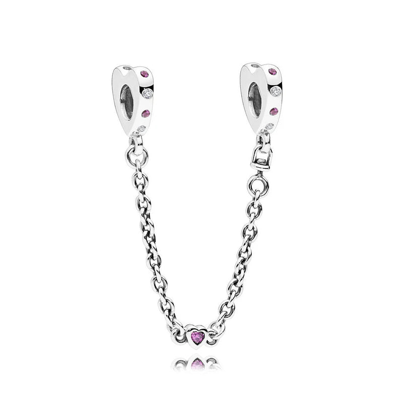 925 Silver Hearts Safety Chain Charm Pink Crystal Beads
