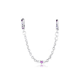 925 Silver Hearts Safety Chain Charm Pink Crystal Beads