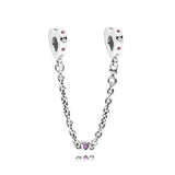 925 Silver Hearts Safety Chain Charm Pink Crystal Beads