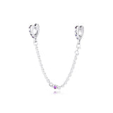 925 Silver Hearts Safety Chain Charm Pink Crystal Beads