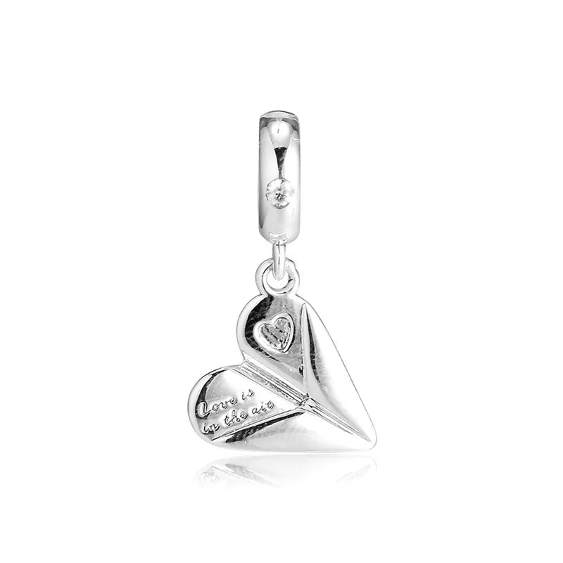 Heart Paper Plane Hanging Charm Sterling Silver Beads