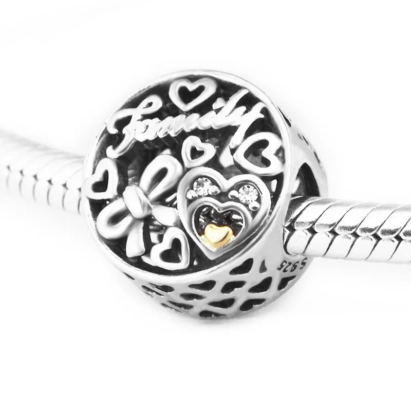 925 Sterling Silver Family Tribute Charms for Bracelets with 14 Heart Beads