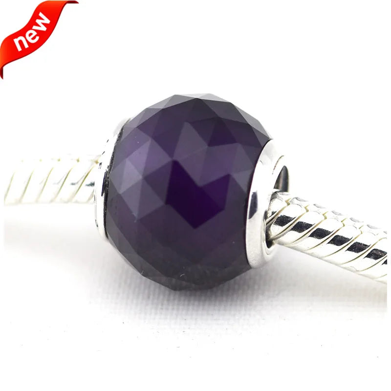 Geometric Facets Charms with Purple Crystal 925 Silver Beads