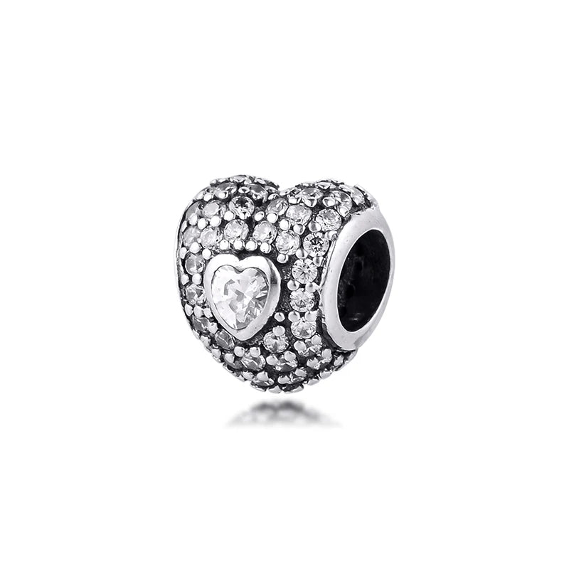 925 Sterling Silver Heart Charm with Clear Cubic Zirconia