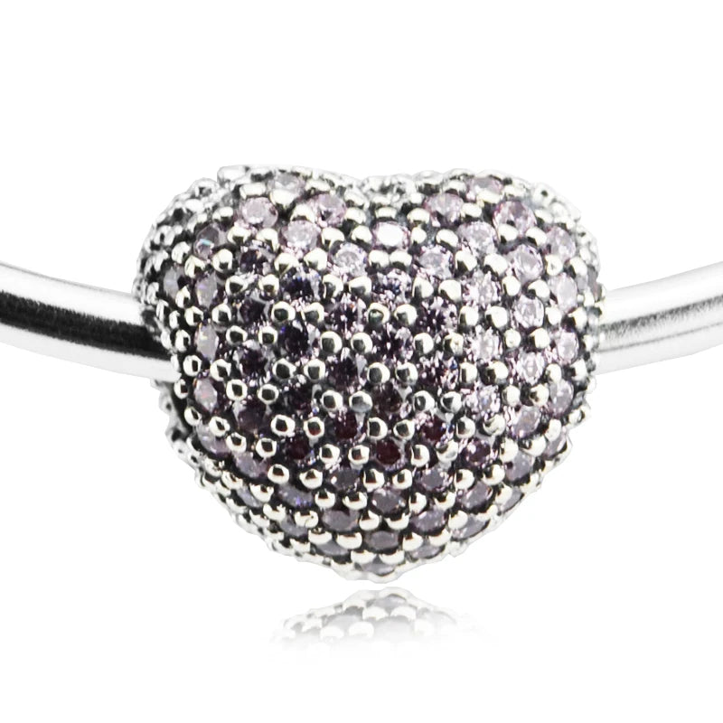 Sterling Silver Pave Open My Heart Charms with Pink Cubic Zirconia