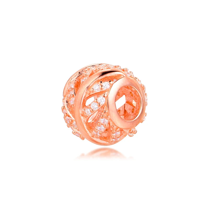 925 Sterling Silver Rose Pave Feather Charms Beads