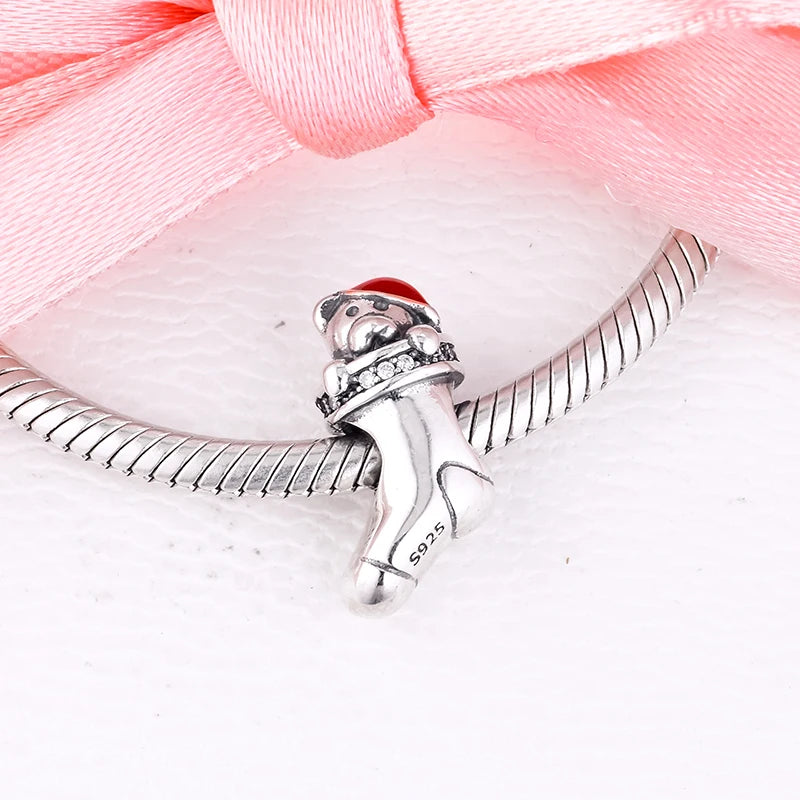Sterling Silver Red Enamel Christmas Stocking Charms for Bracelets
