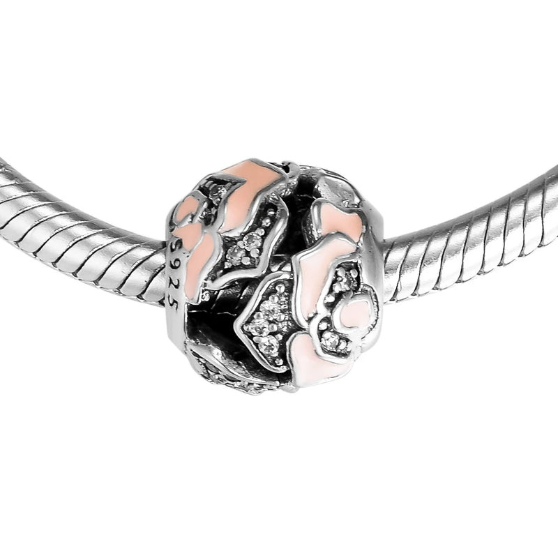 925 Sterling Silver Rose Beads for Charms Bracelets with Pink Enamel