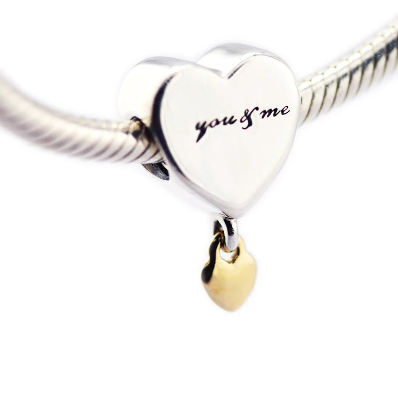 925 Sterling Silver Bracelets Two Hearts Dangle Charm Silver Beads