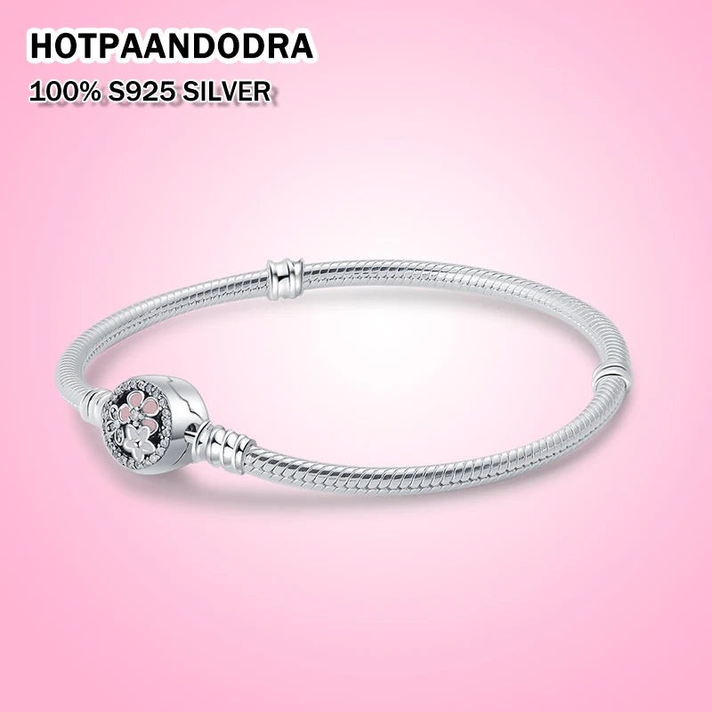 Flower Heart Charm Bracelet 925 Sterling Silver Fine Jewelry Gift