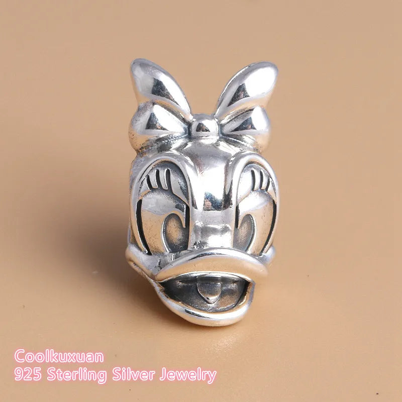 925 Sterling Silver Daisy Duck Portrait Charm Beads for DIY Jewelry Making