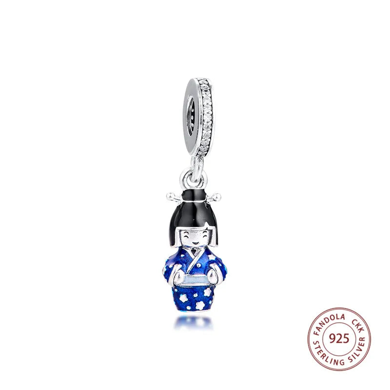 925 Silver Japanese Doll in Kimono Beads for Bracelet