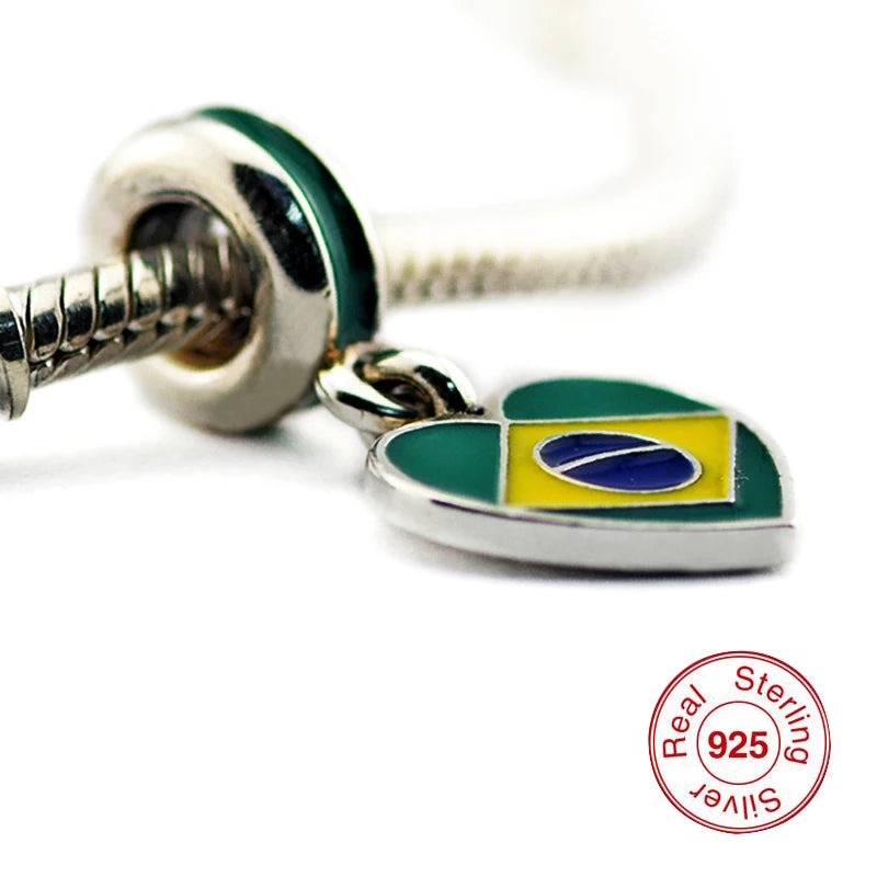 925 Sterling Silver Brazilian Heart Flag Charms for Beads Bracelets