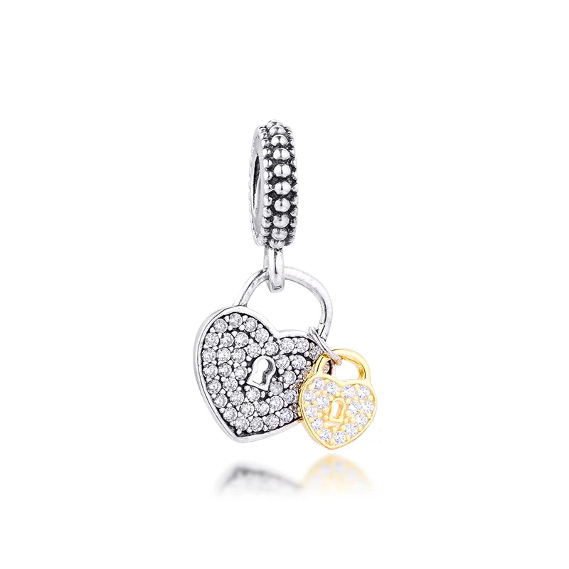 925 Sterling Silver Love Heart Charms Bracelet Fit w/ 14K Plated Heart