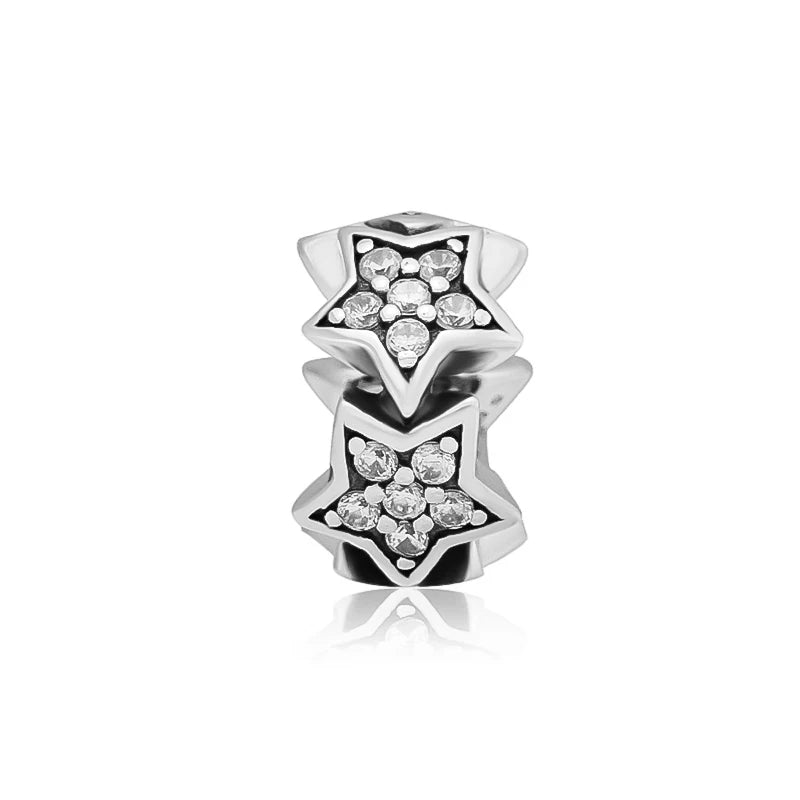Star Beads with Clear CZ 925 Sterling Silver Charms Bracelet