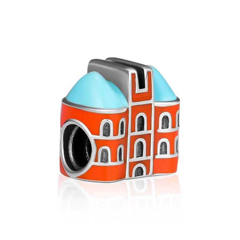Sweet House Beads With Orange Enamel 925 Sterling Silver Jewelry
