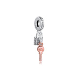925 Sterling Silver Rose Padlock Key Charms for Europe Beads Bracelets