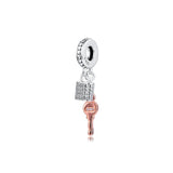 925 Sterling Silver Rose Padlock Key Charms for Europe Beads Bracelets
