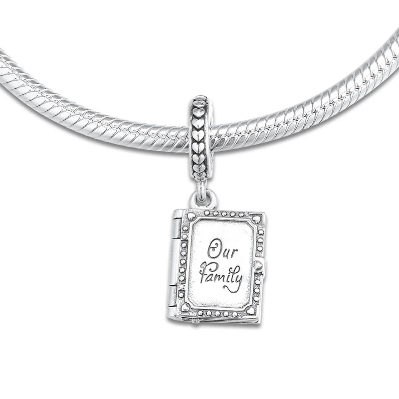 Family Book Dangle Charm for Europe Beads Bracelets, 925 Sterling Silver