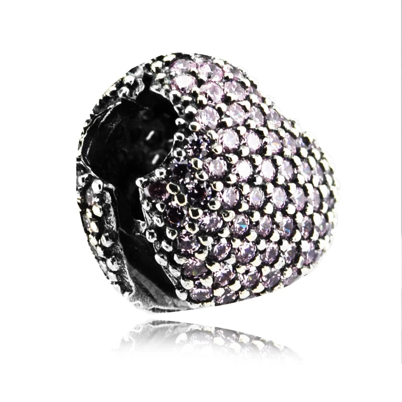 Europe Bracelets Pave Open Heart Clips Beads w/ Pink CZ 925 Silver Charms
