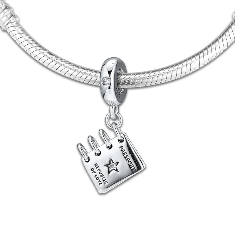 Europe Charms Bracelet Sterling Silver Passport Bead with CZ