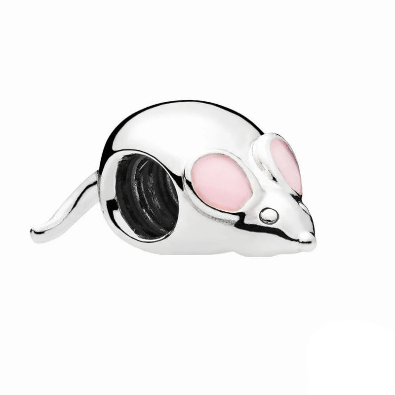 925 Silver Pink Enamel Mouse Charm Bead for Bracelet