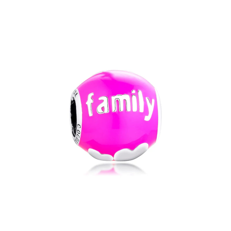 Family Love Beads Pink Enamel 925 Silver Charm for Bracelets