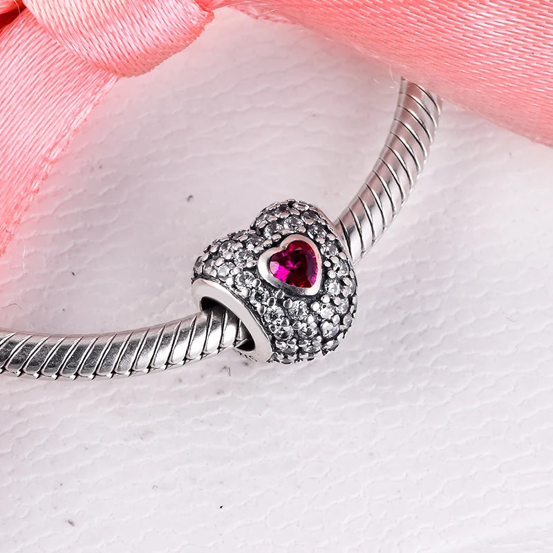 925 Silver In My Heart Pave Beads Ruby CZ