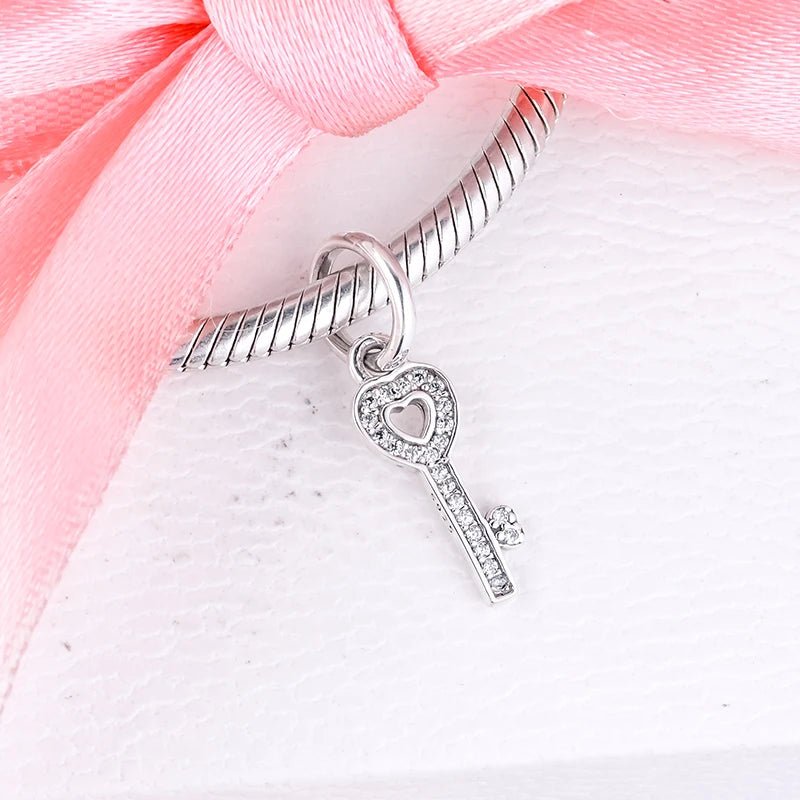 Europe Charms Bracelets Key Beads with Clear CZ 925 Sterling Silver Jewelry