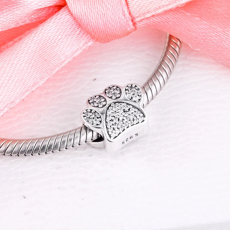 Sterling Silver Paw Bead Charm with Clear CZ for Bracelets