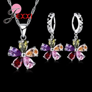 Colorful CZ Crystal Pendant Jewelry Set 925 Necklace Earring Set