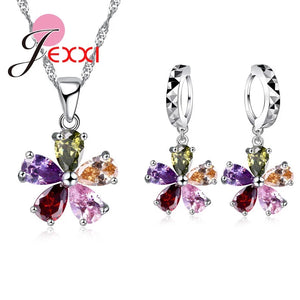 Colorful CZ Crystal Pendant Jewelry Set 925 Necklace Earring Set