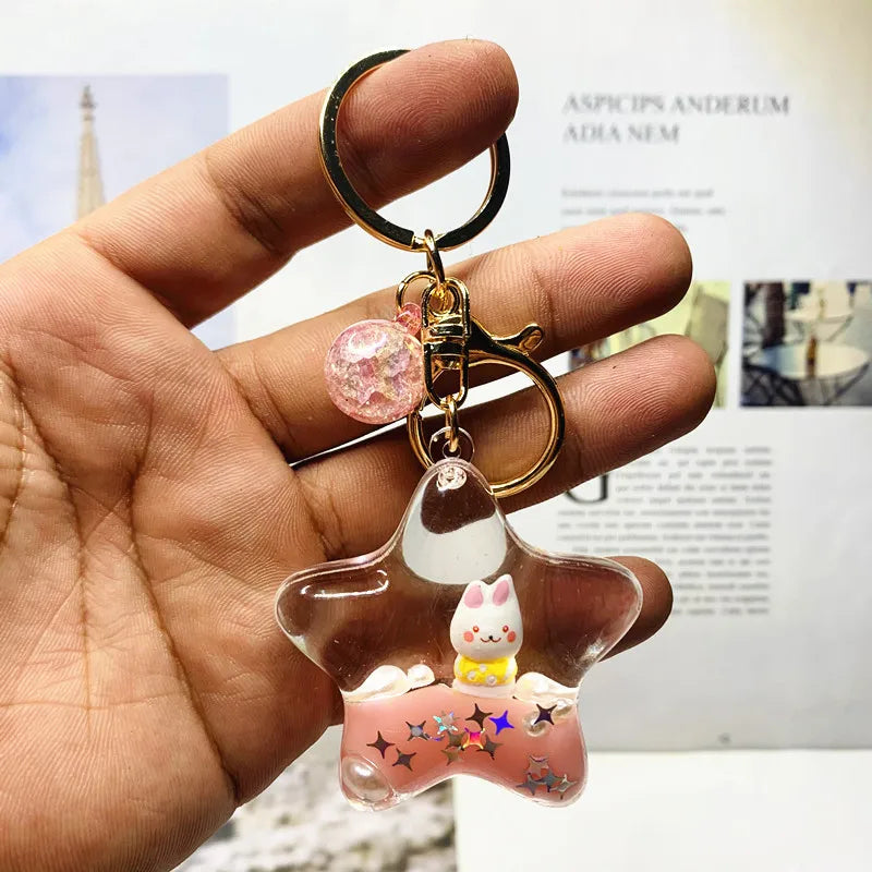 Star Rabbit Floating Car Key Chain Quicksand Key Rings Bag Pendant