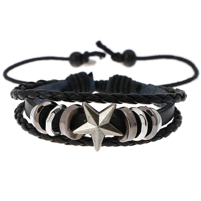 5-Point Star Bead Leather Bracelet, Personalized Woven Student Jewelry