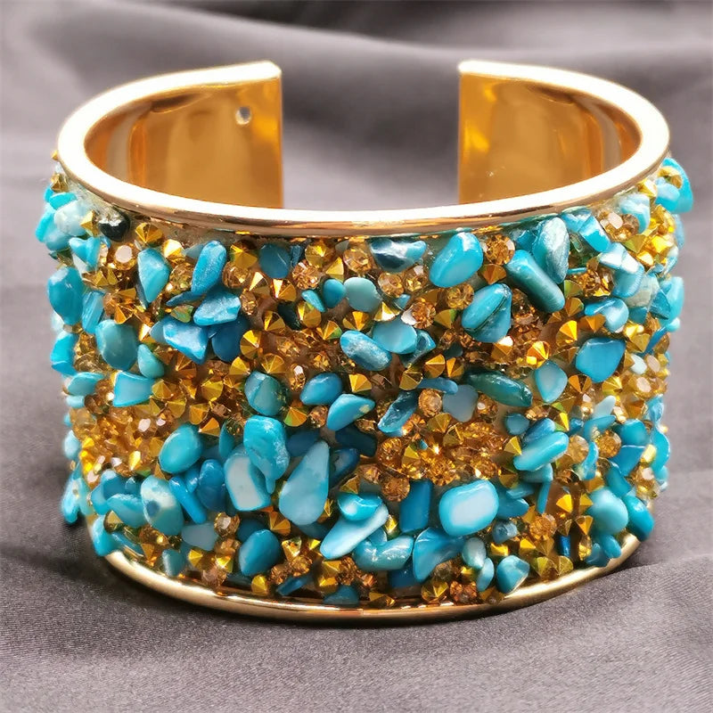 Bohemia Metal Cuff Bracelet with Rhinestone Natural Stone